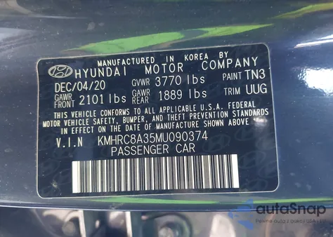 2021 Hyundai Venue Denim z USA, uszkodzony, nr VIN KMHRC8A35MU090374